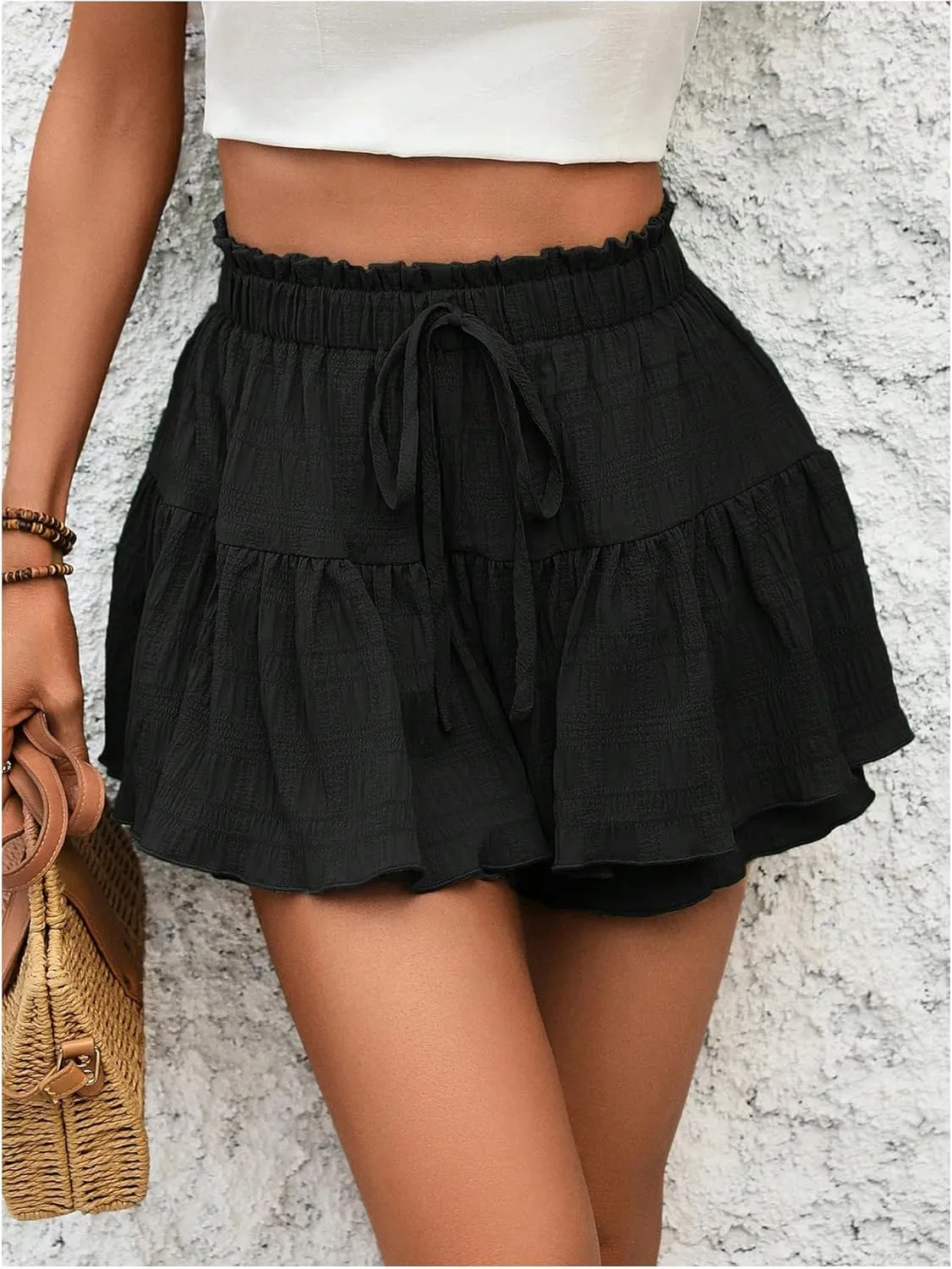 MakeMeChic Women's Elastic High Waisted Tie Front Ruffle Hem Skorts Frill Trim Loose Shorts