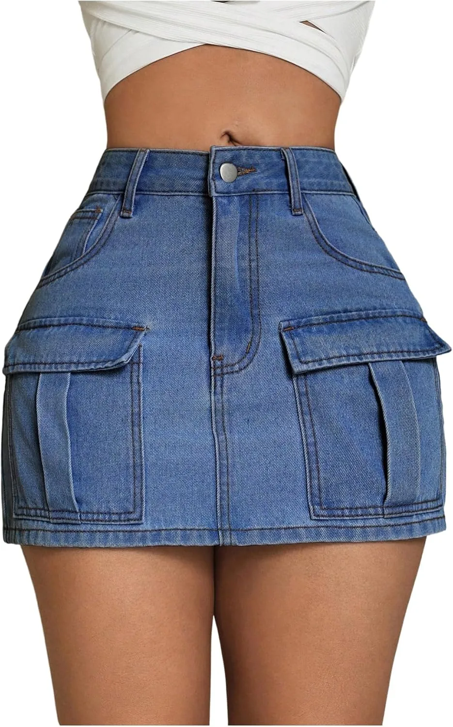 MakeMeChic Women's High Waist Jean Shirts Zip Fly Flap Pocket Bodycon Mini Denim Skirt