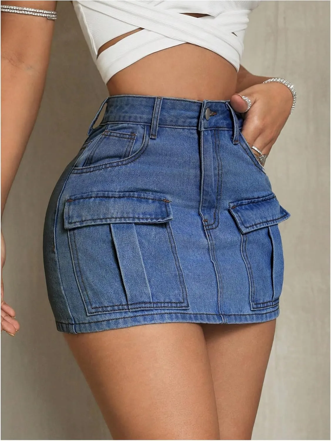 MakeMeChic Women's High Waist Jean Shirts Zip Fly Flap Pocket Bodycon Mini Denim Skirt