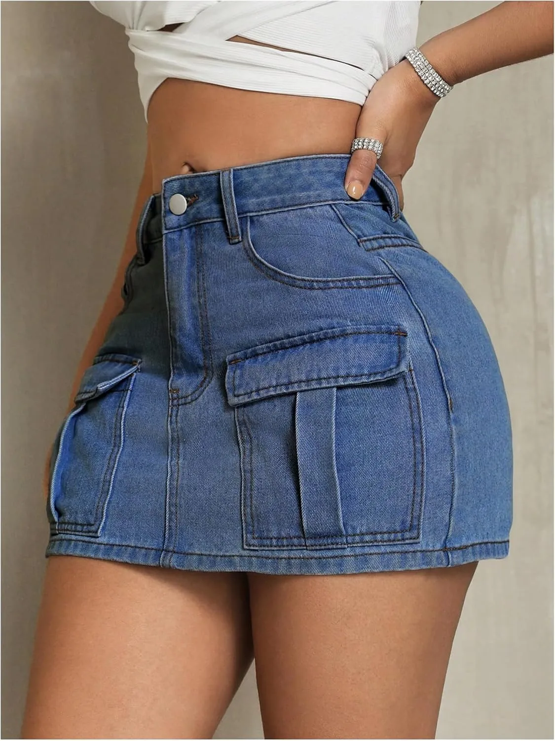 MakeMeChic Women's High Waist Jean Shirts Zip Fly Flap Pocket Bodycon Mini Denim Skirt
