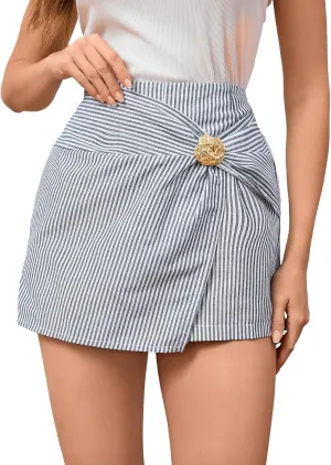 MakeMeChic Women's Striped Wrap Front Skirt Shorts Ruched Asymmetrical Hem Summer Skorts