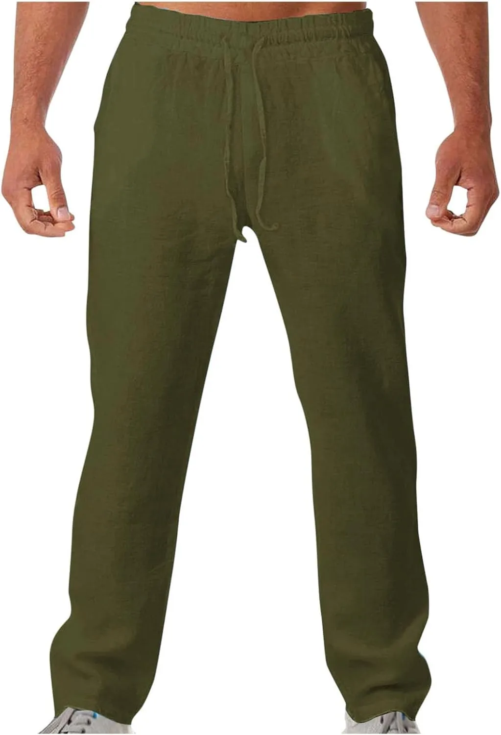 Men Linen Pants Slim Fit Cotton Casual Lightweight Elastic Waist Summer Beach Drawstring Trousers with Pockets