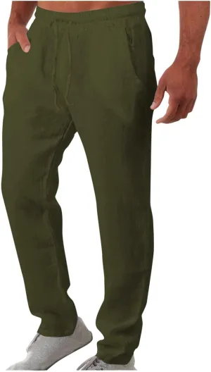 Men Linen Pants Slim Fit Cotton Casual Lightweight Elastic Waist Summer Beach Drawstring Trousers with Pockets