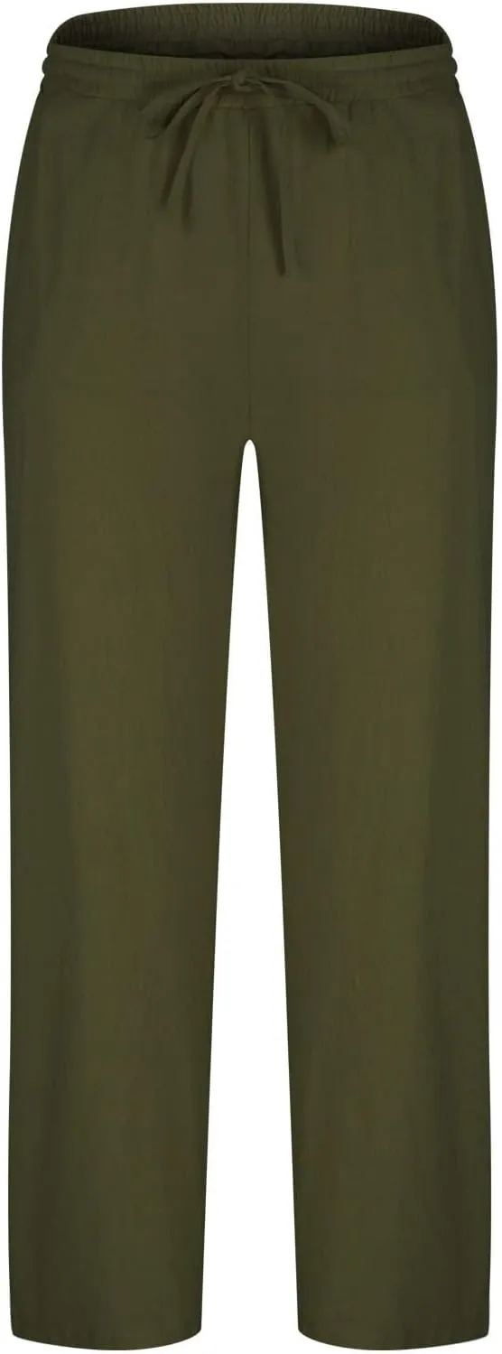 Men Linen Pants Slim Fit Cotton Casual Lightweight Elastic Waist Summer Beach Drawstring Trousers with Pockets