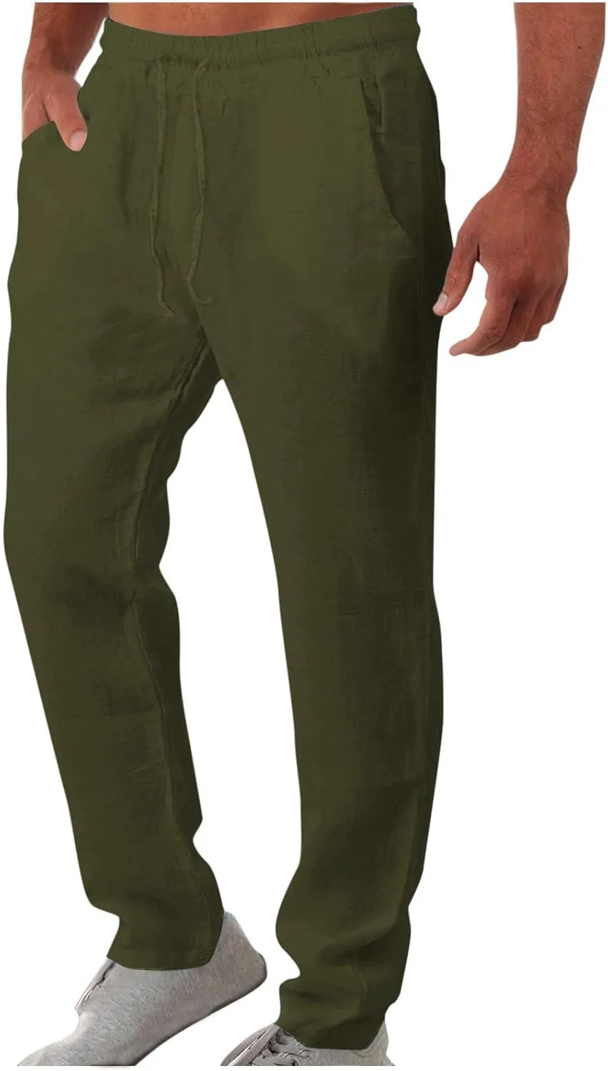 Men Linen Pants Slim Fit Cotton Casual Lightweight Elastic Waist Summer Beach Drawstring Trousers with Pockets