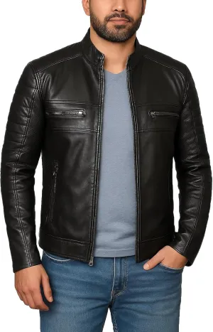 Men's Biker Genuine Leather Jacket - Vintage Motorcycle Real Leather Jacket in Black and Brown