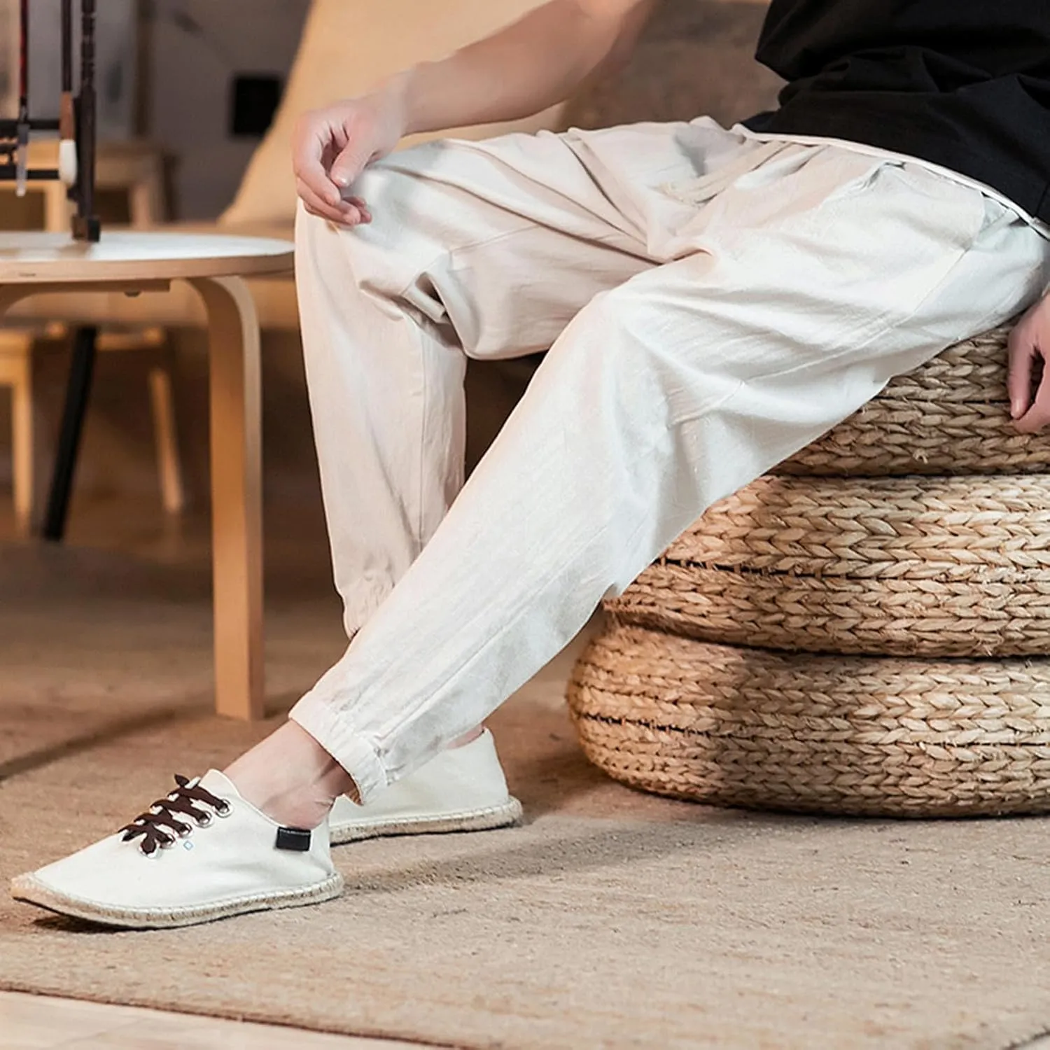 Mens Classic Casual Pants Workout Athletic Pants Parachute Tapered Cotton Linen Sweatpants Hiking Jogger Fashion Pant