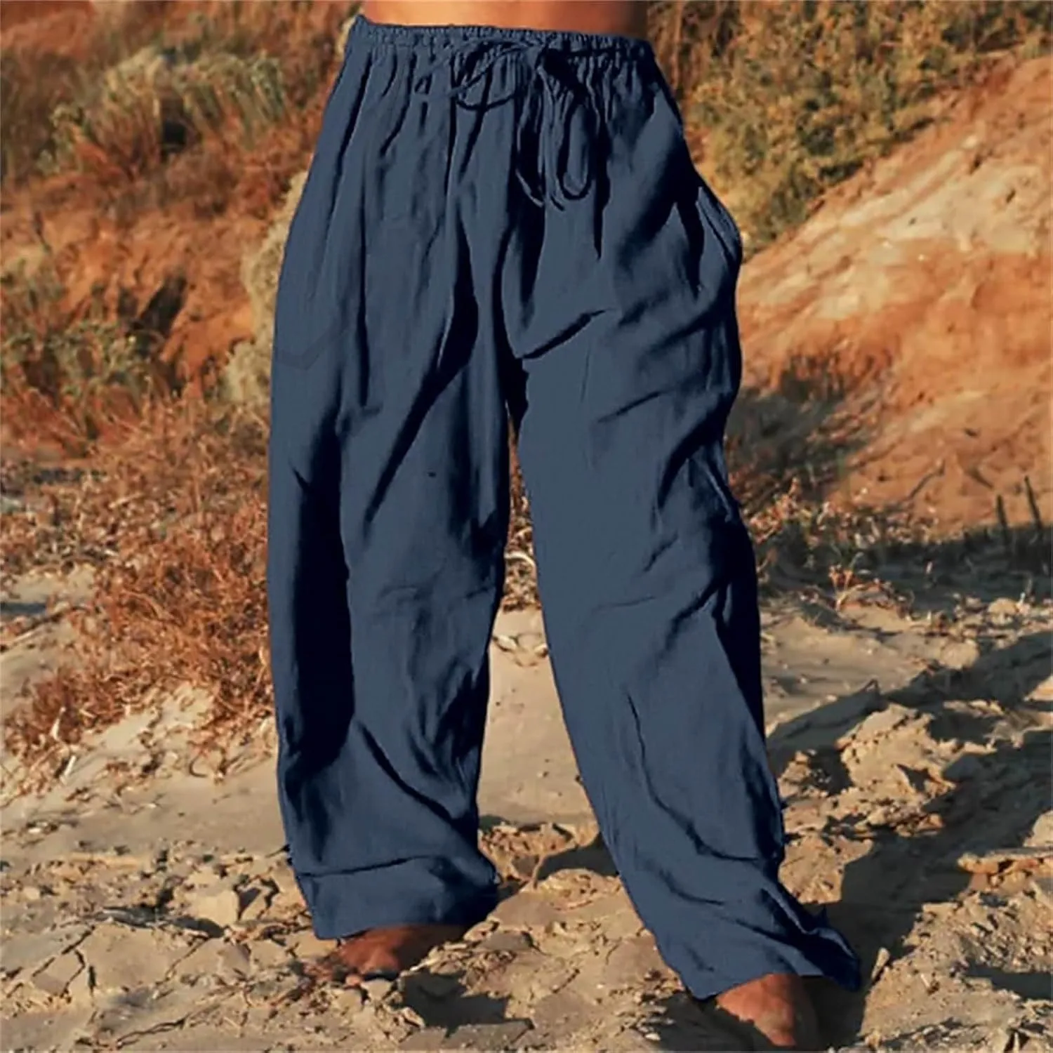 Mens Cotton Linen Harem Pants Elastic Waist Wide Leg Baggy Yoga Trousers Drawstrings Lightweight Summer Beach Pants for Men