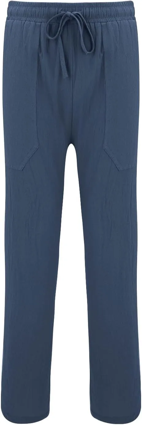 Mens Cotton Linen Harem Pants Elastic Waist Wide Leg Baggy Yoga Trousers Drawstrings Lightweight Summer Beach Pants for Men