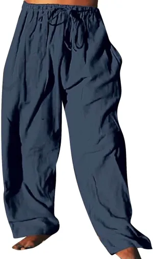Mens Cotton Linen Harem Pants Elastic Waist Wide Leg Baggy Yoga Trousers Drawstrings Lightweight Summer Beach Pants for Men