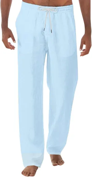 Mens Cotton Linen Pants Lightweight Drawstring Elastic Waist Trousers Loose Fit Hiking Joggers Yoga Beach Pants