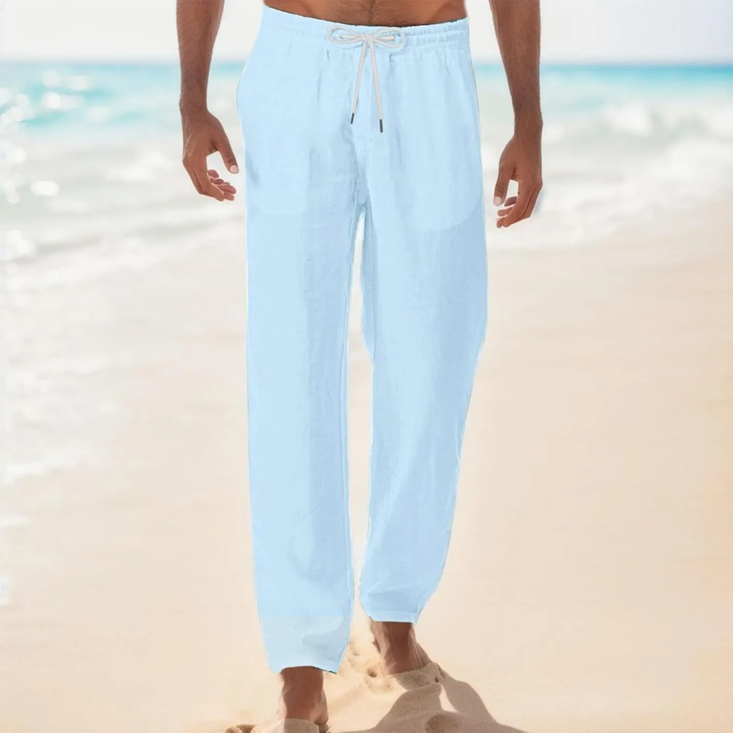 Mens Cotton Linen Pants Lightweight Drawstring Elastic Waist Trousers Loose Fit Hiking Joggers Yoga Beach Pants