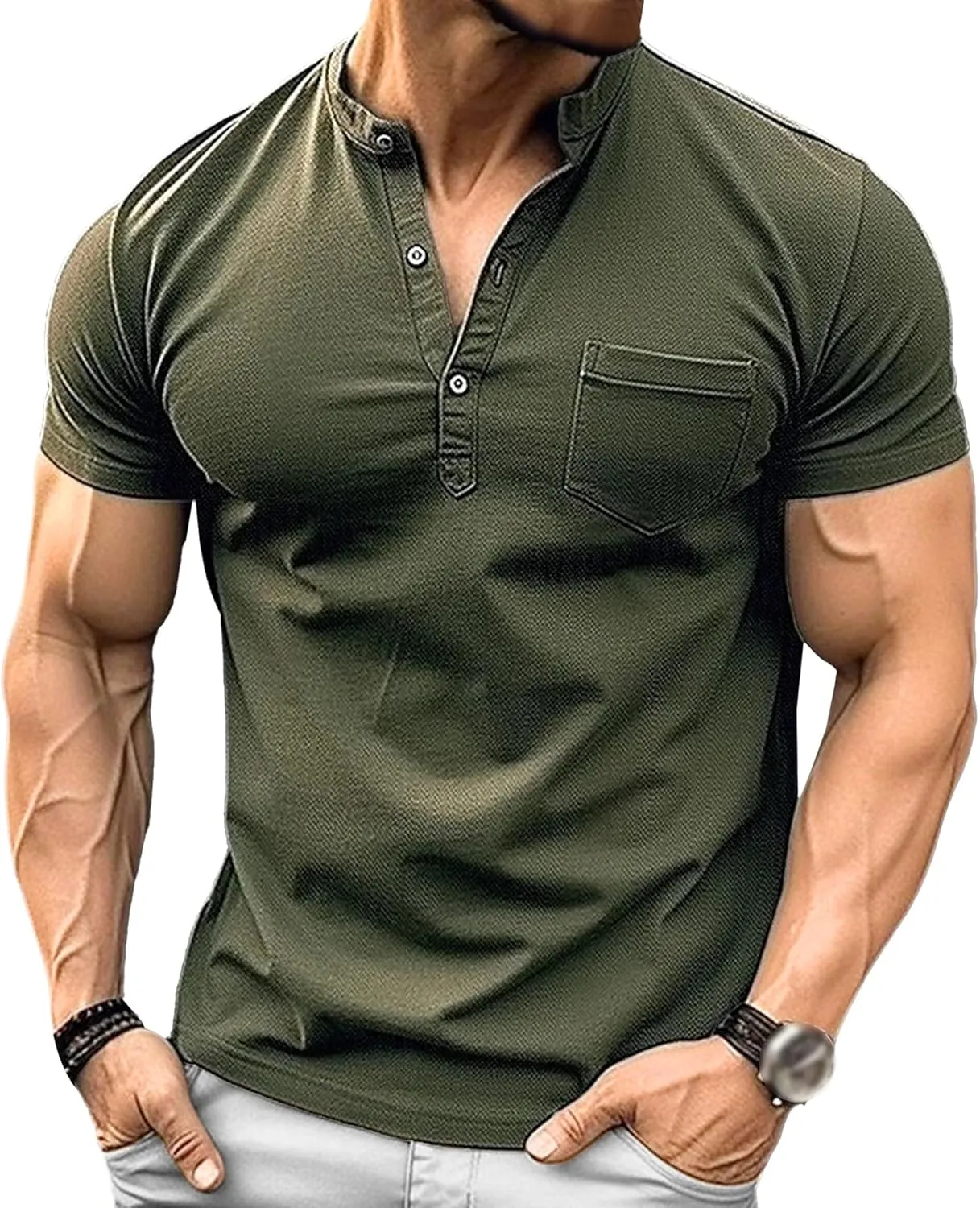 Mens Henley Shirts Short Sleeve Stylish Summer Slim Fit Tee Shirts Casual Stand Collar Basic T Shirt with Pocket