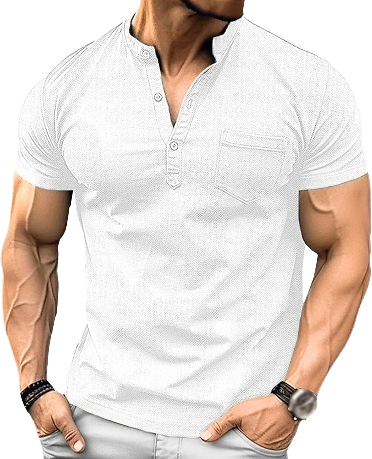 Mens Henley Shirts Short Sleeve Stylish Summer Slim Fit Tee Shirts Casual Stand Collar Basic T Shirt with Pocket