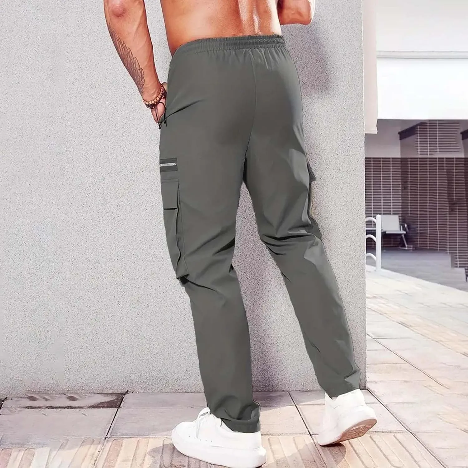 Mens Linen Cotton Pants Lightweight Mens Hiking Pants Cargo Pant Zipper Pocket Streetwear Pants Men White Loose Pant