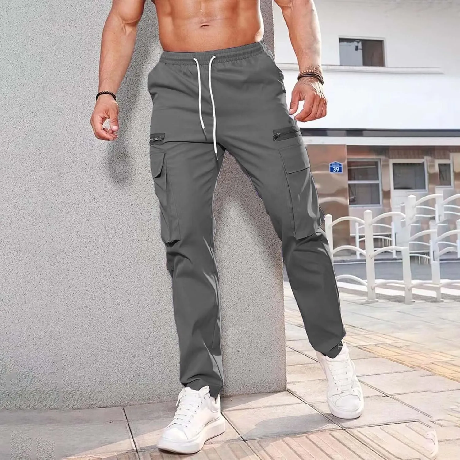 Mens Linen Cotton Pants Lightweight Mens Hiking Pants Cargo Pant Zipper Pocket Streetwear Pants Men White Loose Pant