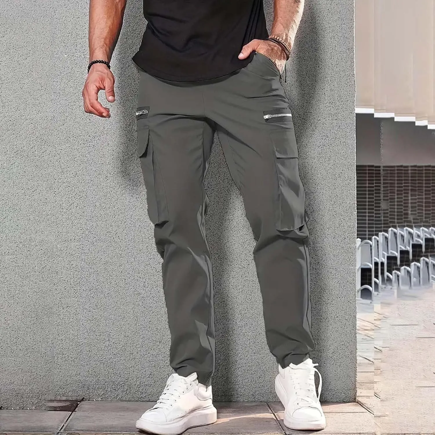 Mens Linen Cotton Pants Lightweight Mens Hiking Pants Cargo Pant Zipper Pocket Streetwear Pants Men White Loose Pant