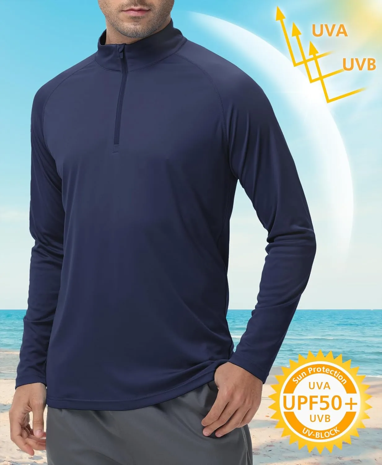 Men's Long Sleeve Sun Shirts UPF 50  1/4 Zip Fishing Running Rash Guard Tee Shirts UV Protection Hiking Outdoor Shirt
