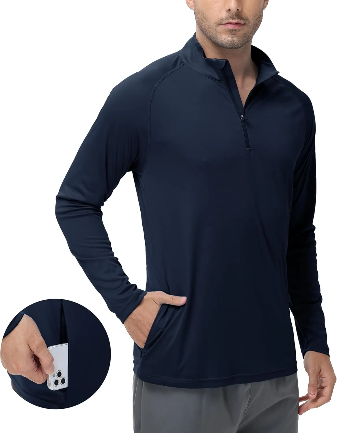 Men's Long Sleeve Sun Shirts UPF 50  1/4 Zip Fishing Running Rash Guard Tee Shirts UV Protection Hiking Outdoor Shirt