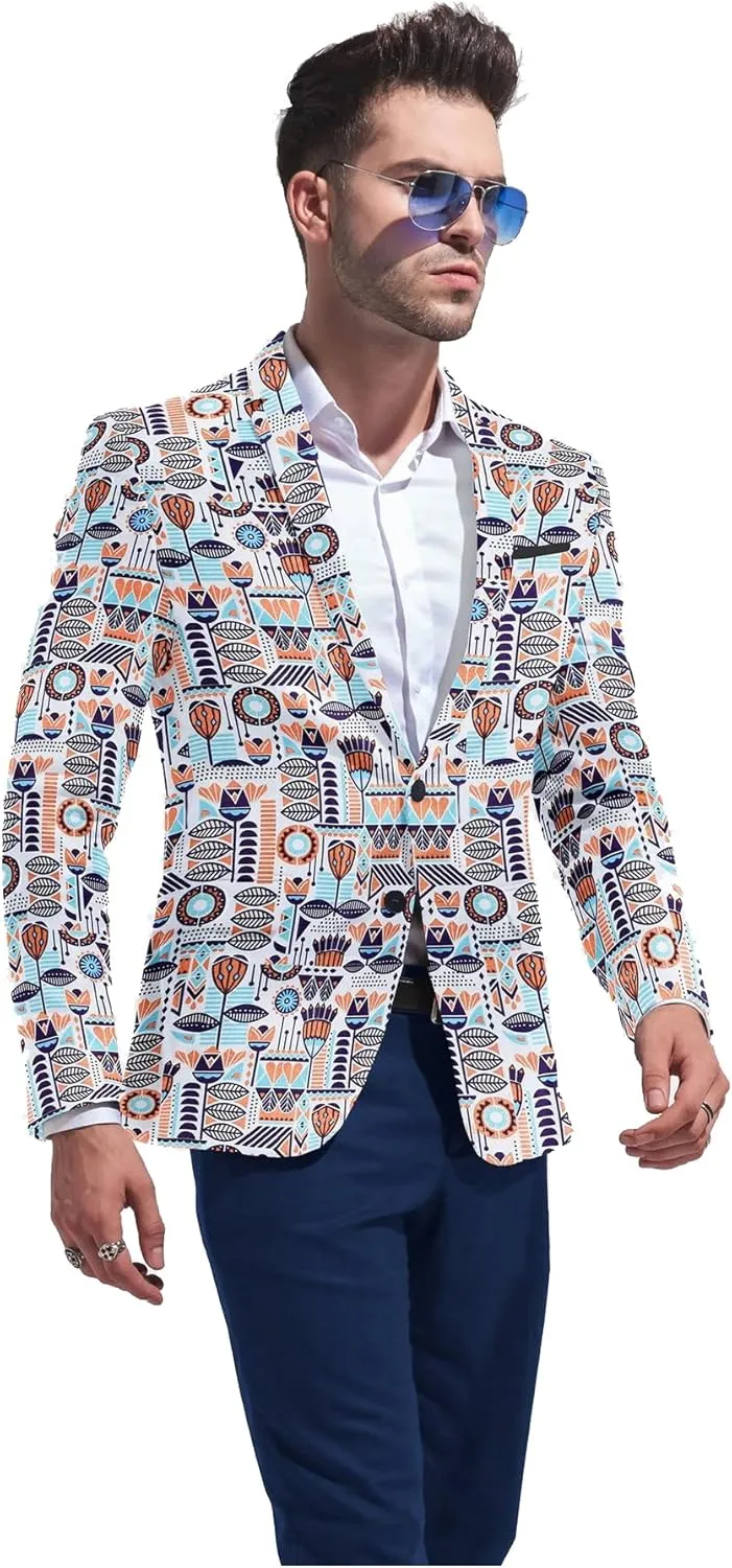 Men's Printed Blazer 2 Button Long Sleeve Regular Fit Suit Jacket Business Lightweight Casual Sport Coat