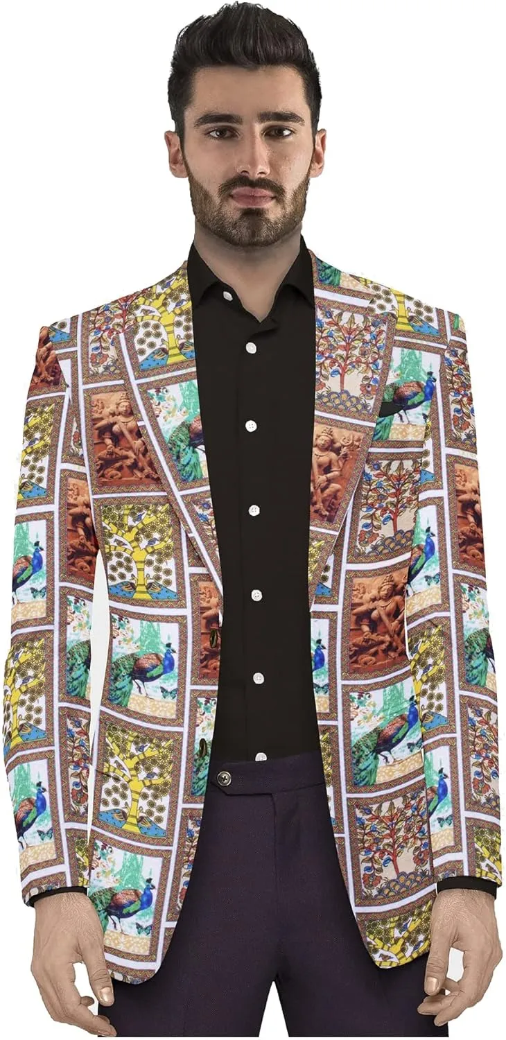 Men's Printed Blazer 2 Button Long Sleeve Regular Fit Suit Jacket Business Lightweight Casual Sport Coat