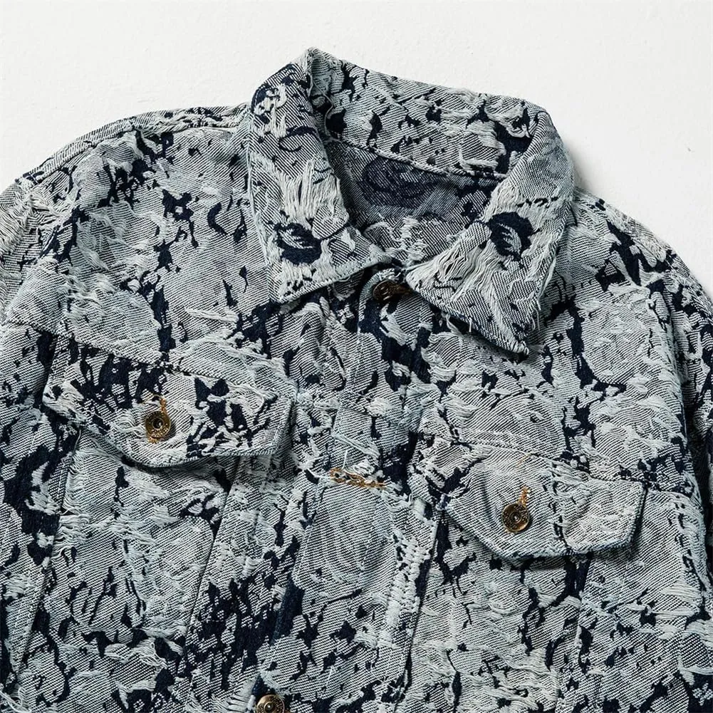 Mens Ripped Distressed Denim Jacket Flower Embroidery Coat Loose Long Sleeve Outerwear
