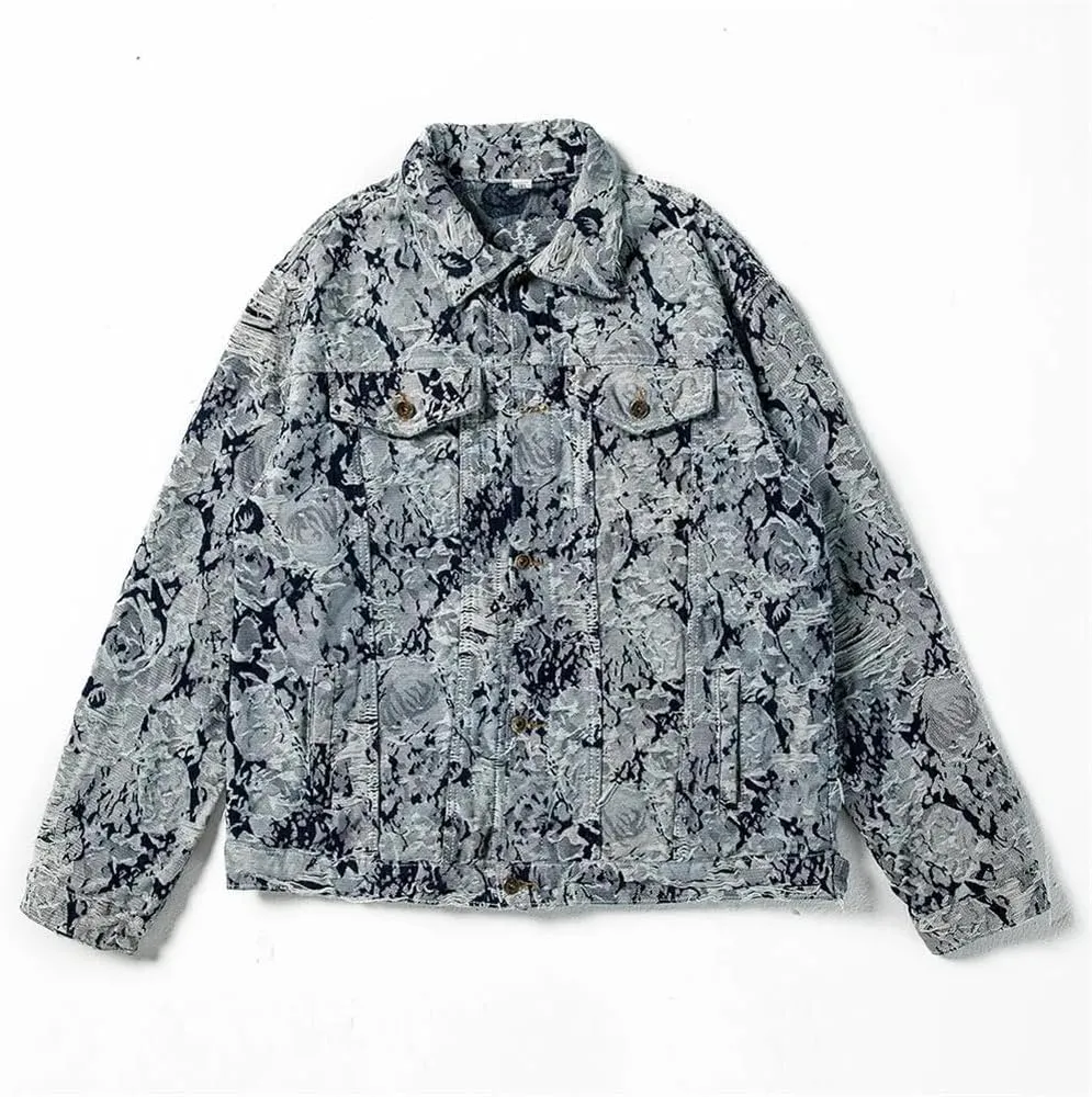 Mens Ripped Distressed Denim Jacket Flower Embroidery Coat Loose Long Sleeve Outerwear