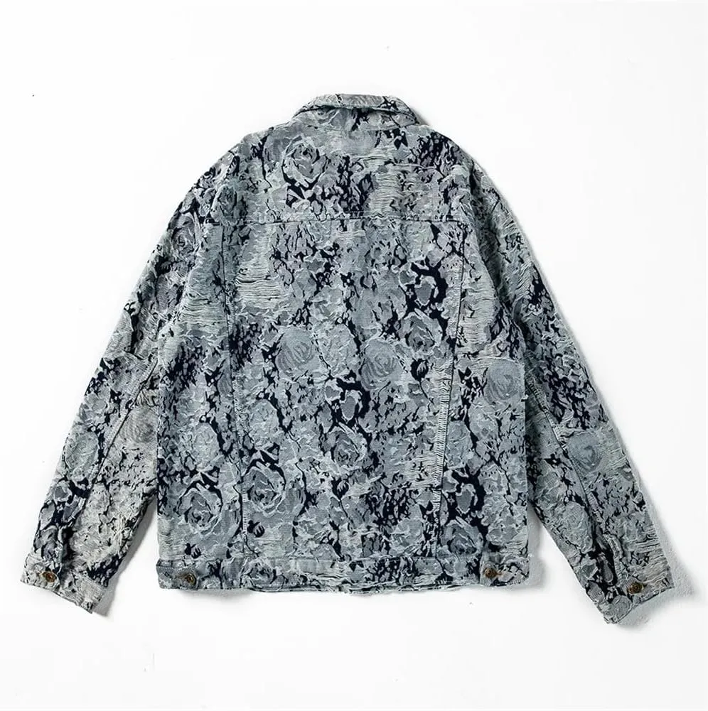 Mens Ripped Distressed Denim Jacket Flower Embroidery Coat Loose Long Sleeve Outerwear