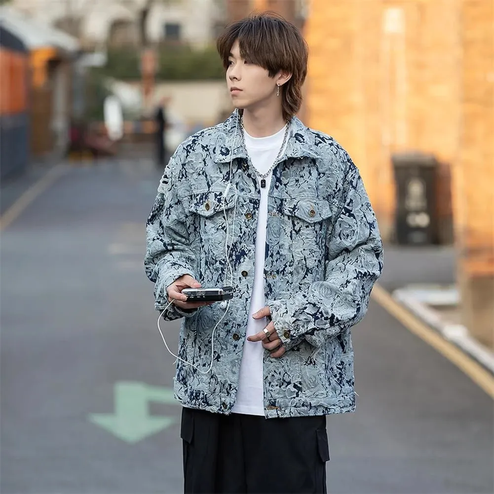 Mens Ripped Distressed Denim Jacket Flower Embroidery Coat Loose Long Sleeve Outerwear