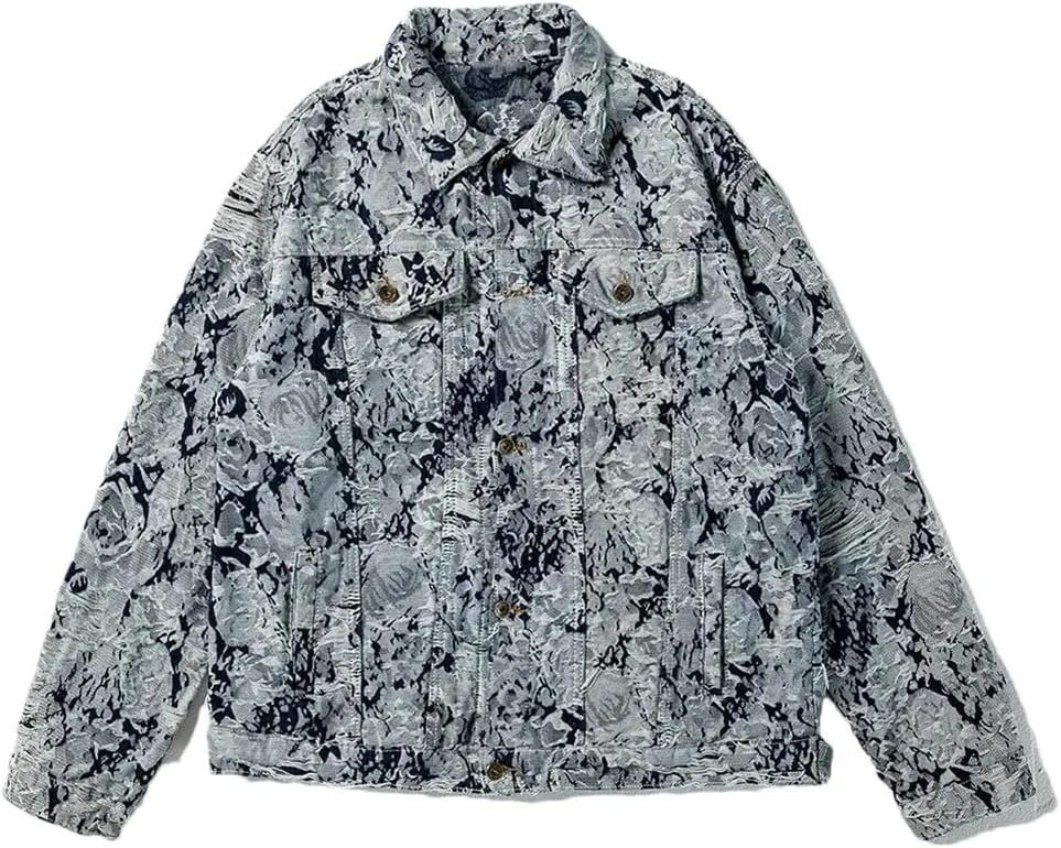 Mens Ripped Distressed Denim Jacket Flower Embroidery Coat Loose Long Sleeve Outerwear