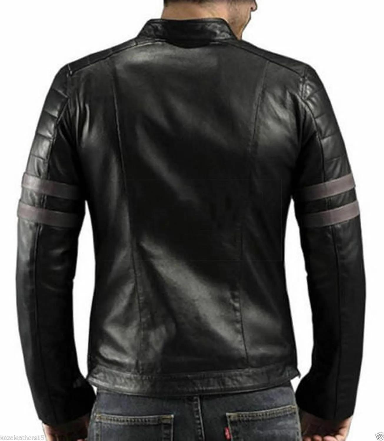 Mens Stripe Biker Retro Leather Jacket Cafe Racer Leather Jacket Genuine Motorcycle Leather jacket men
