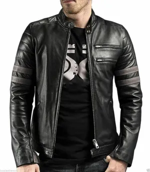 Mens Stripe Biker Retro Leather Jacket Cafe Racer Leather Jacket Genuine Motorcycle Leather jacket men