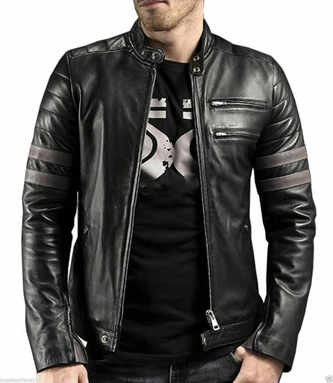 Mens Stripe Biker Retro Leather Jacket Cafe Racer Leather Jacket Genuine Motorcycle Leather jacket men