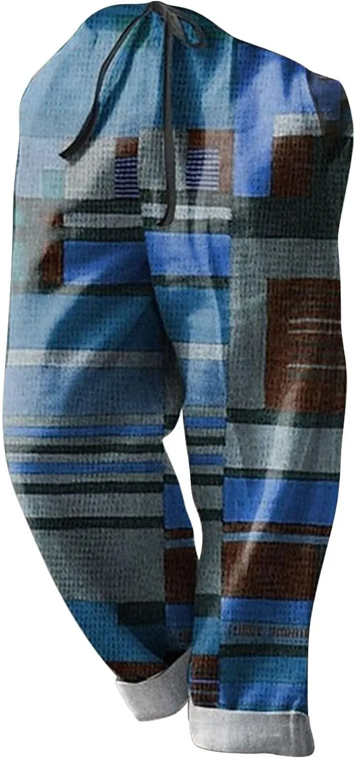 Mens Summer Beach Trousers Drawstring Elastic Waist Pattern Color Block Geometric Pants Combat Breathable Holiday Casual Pant