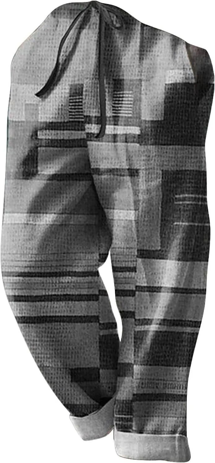 Mens Summer Beach Trousers Drawstring Elastic Waist Pattern Color Block Geometric Pants Combat Breathable Holiday Casual Pant