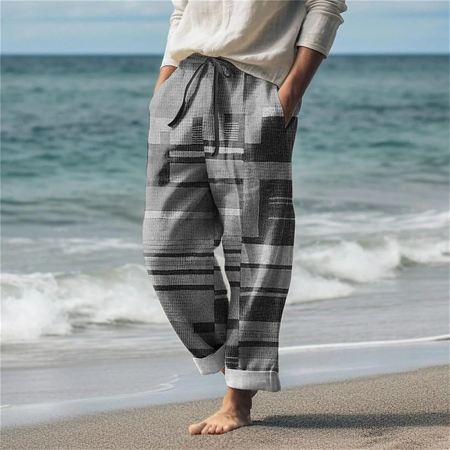 Mens Summer Beach Trousers Drawstring Elastic Waist Pattern Color Block Geometric Pants Combat Breathable Holiday Casual Pant