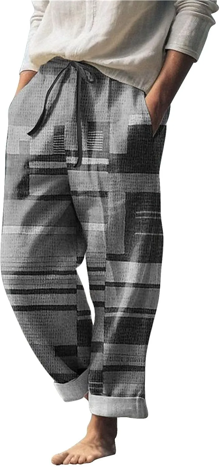 Mens Summer Beach Trousers Drawstring Elastic Waist Pattern Color Block Geometric Pants Combat Breathable Holiday Casual Pant