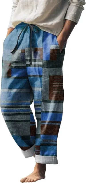 Mens Summer Beach Trousers Drawstring Elastic Waist Pattern Color Block Geometric Pants Combat Breathable Holiday Casual Pant