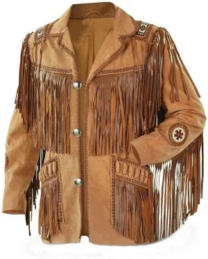 Men's Traditional Cowboy Western Leather Jacket | Native American Suede Coat with Beaded & Fringed