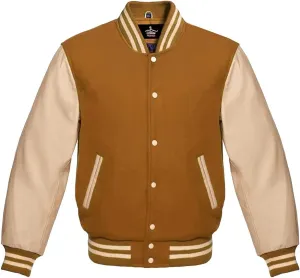 Men's Varsity Baseball Letterman Premium Tan Brown Wool & Genuine Cream Leather Sleeves jackets