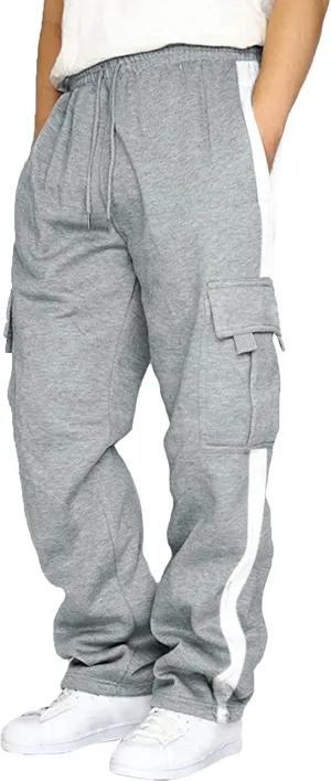 Men's Wide Leg Pants Cotton Wool Cargo Pants Lace up Elastic Waist Jogger Sport Casual Sweatpant Full Length Trouser