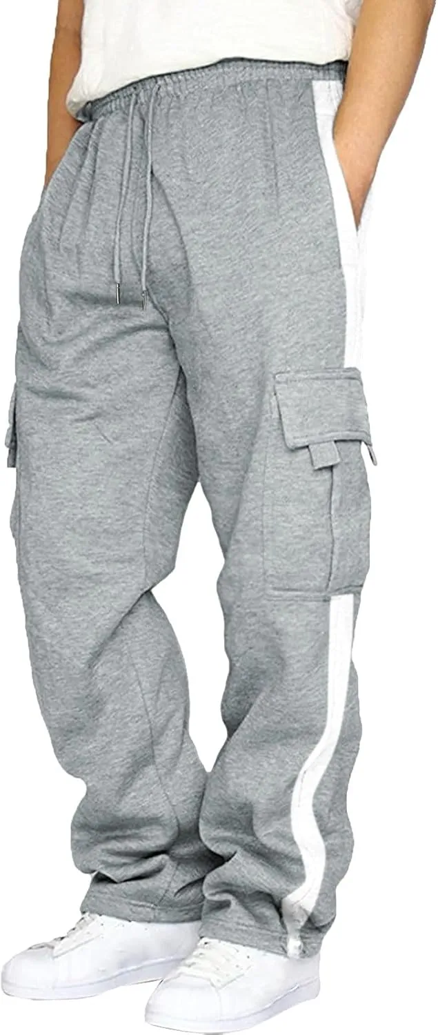 Men's Wide Leg Pants Cotton Wool Cargo Pants Lace up Elastic Waist Jogger Sport Casual Sweatpant Full Length Trouser