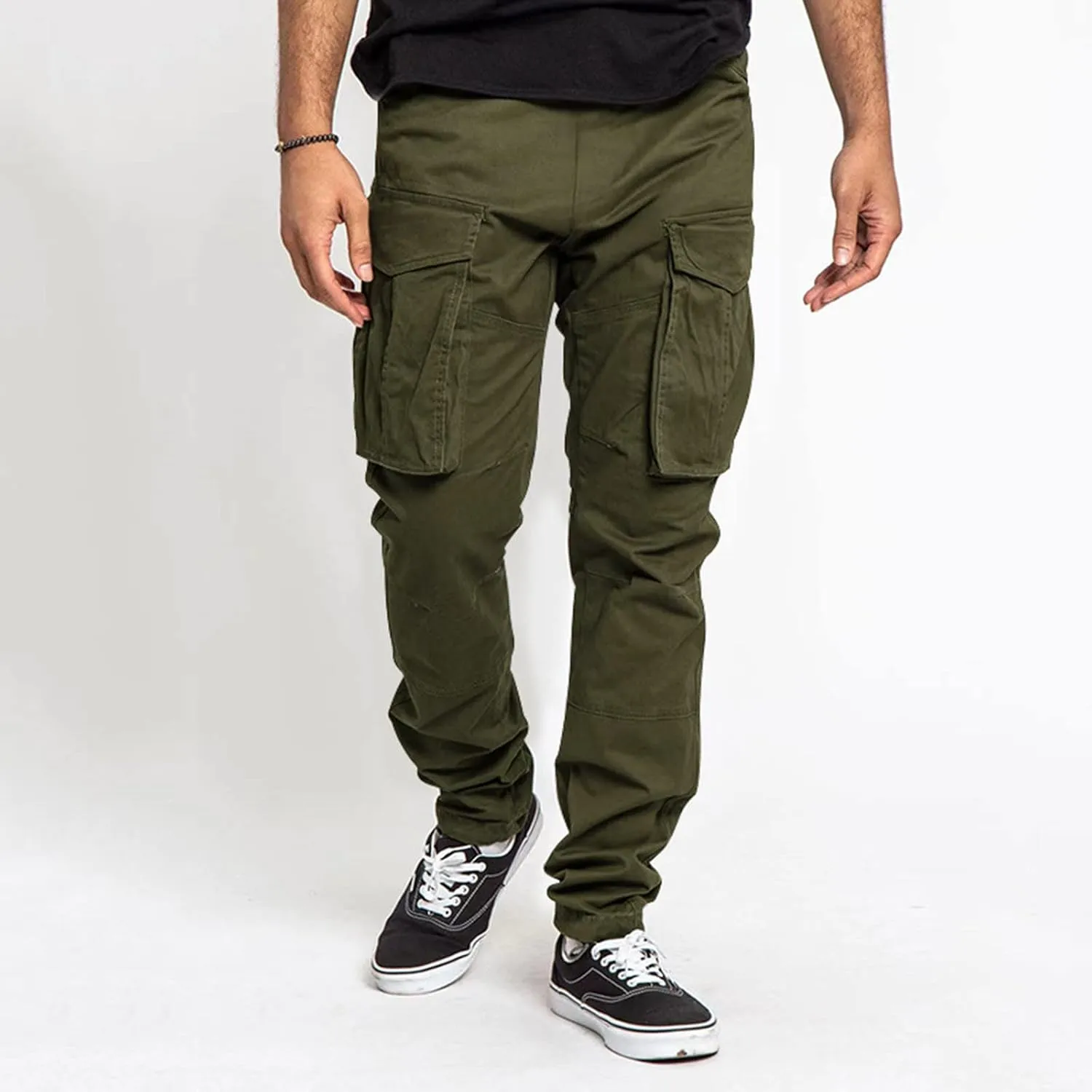 Men's Workwear Pants Pure Washed Solid Multi-Pocket Straight-Leg Cargo Trousers