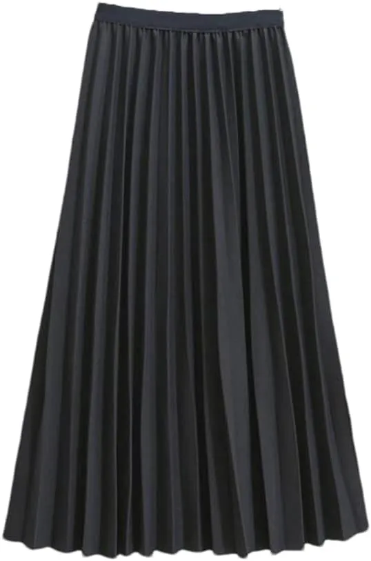 Midi Long Skirt Women Basic A Line Elastic High Waist Pleated Skirt Female Ladies