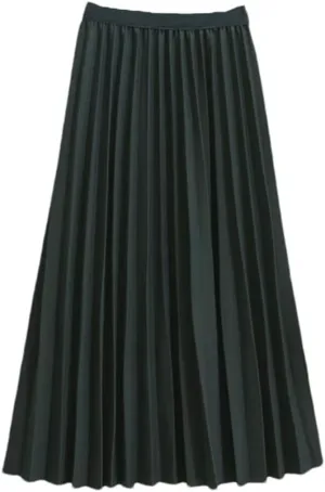Midi Long Skirt Women Basic A Line Elastic High Waist Pleated Skirt Female Ladies