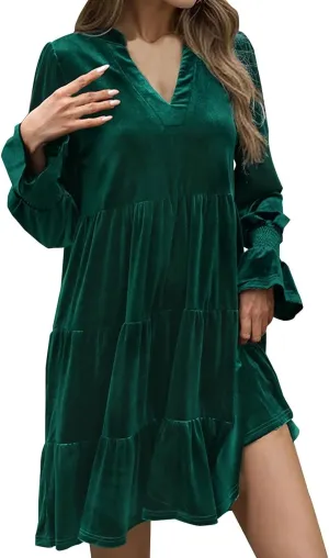 Mini Dresses for Women Women's V Neck Long Sleeve Fashion Casual A Line Ruffle Pleated Knee Length Mini Dress 2024