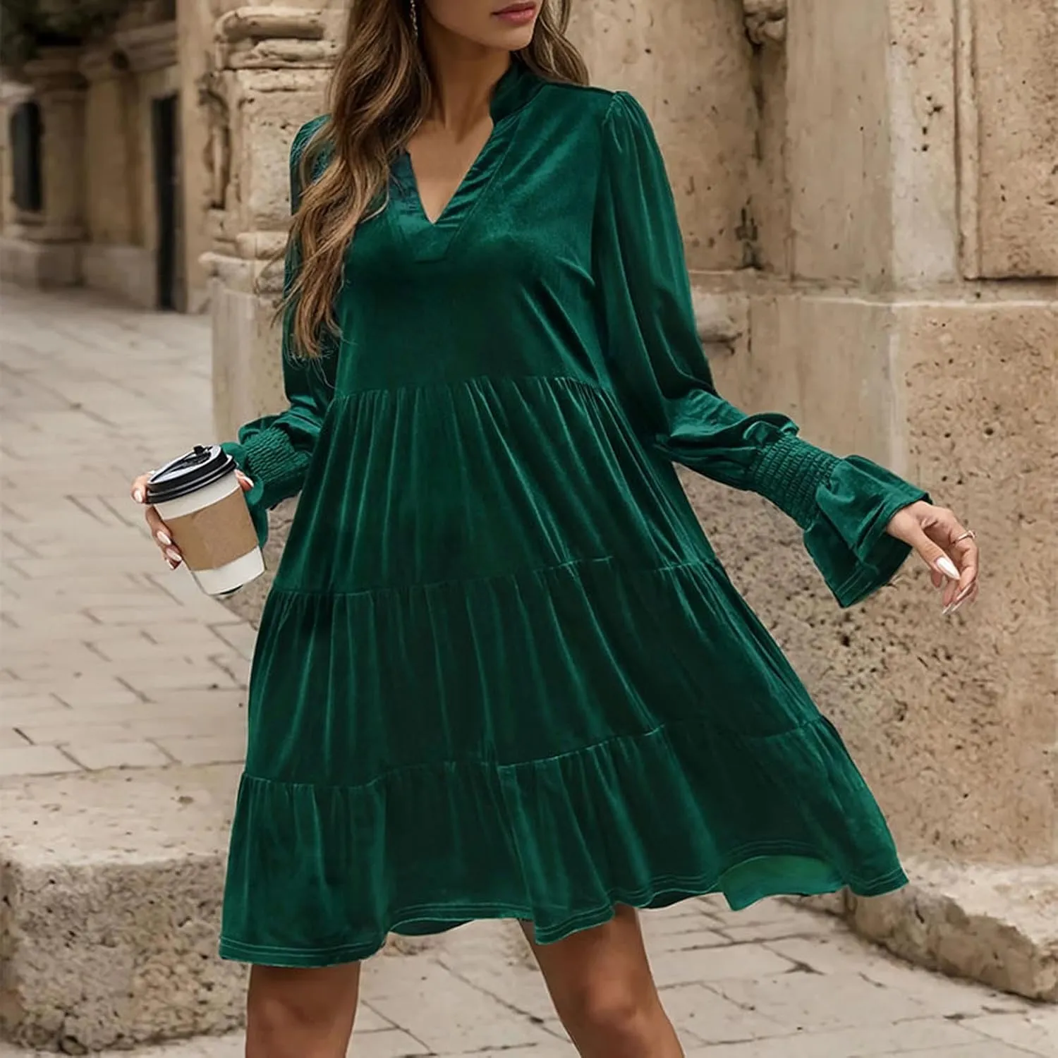 Mini Dresses for Women Women's V Neck Long Sleeve Fashion Casual A Line Ruffle Pleated Knee Length Mini Dress 2024