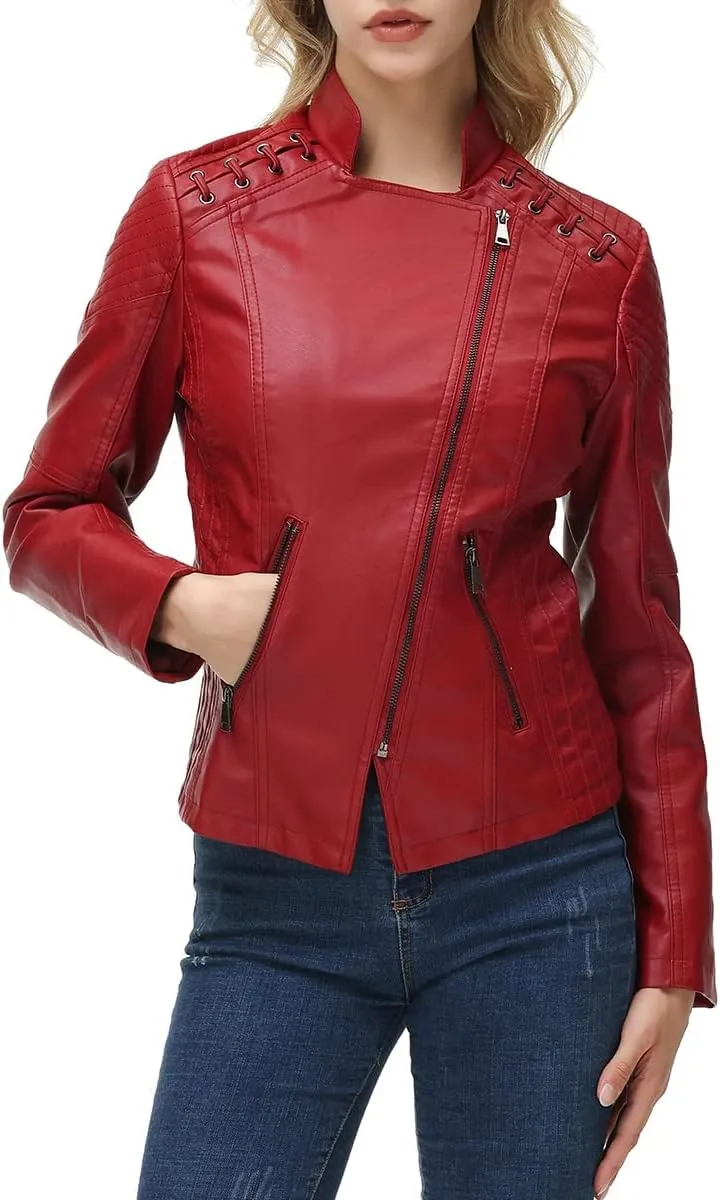 MODFUL Women's Faux Leather Moto Jacket Casual Short Solid Color PU Biker Coat with Pockets