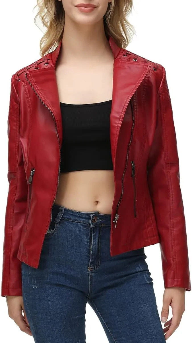 MODFUL Women's Faux Leather Moto Jacket Casual Short Solid Color PU Biker Coat with Pockets