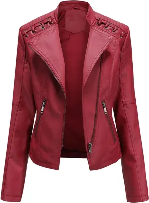 MODFUL Women's Faux Leather Moto Jacket Casual Short Solid Color PU Biker Coat with Pockets